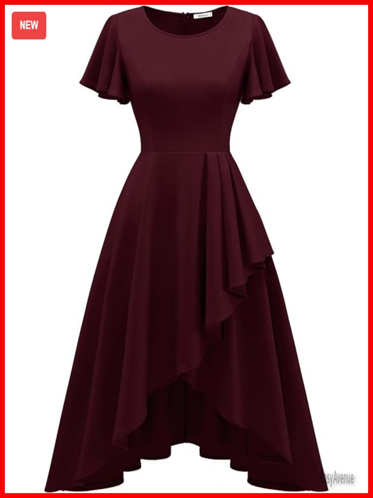 Women's A-Line Midi Dress With High Low Hem And Ruffle Short Sleeves